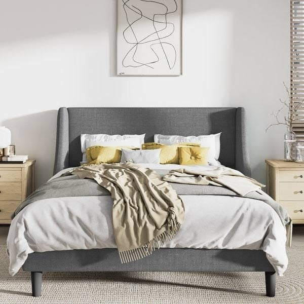 Full Size Grey Linen Blend Upholstered Platform Bed with Wingback Headboard-2