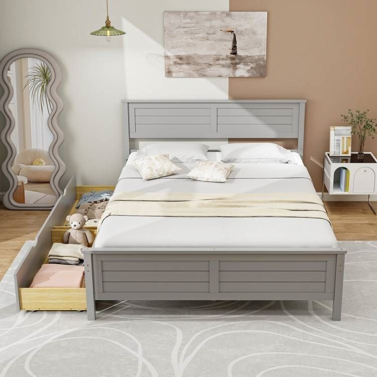 Full Size Grey Platform Bed Frame with 2 Storage Drawers-1