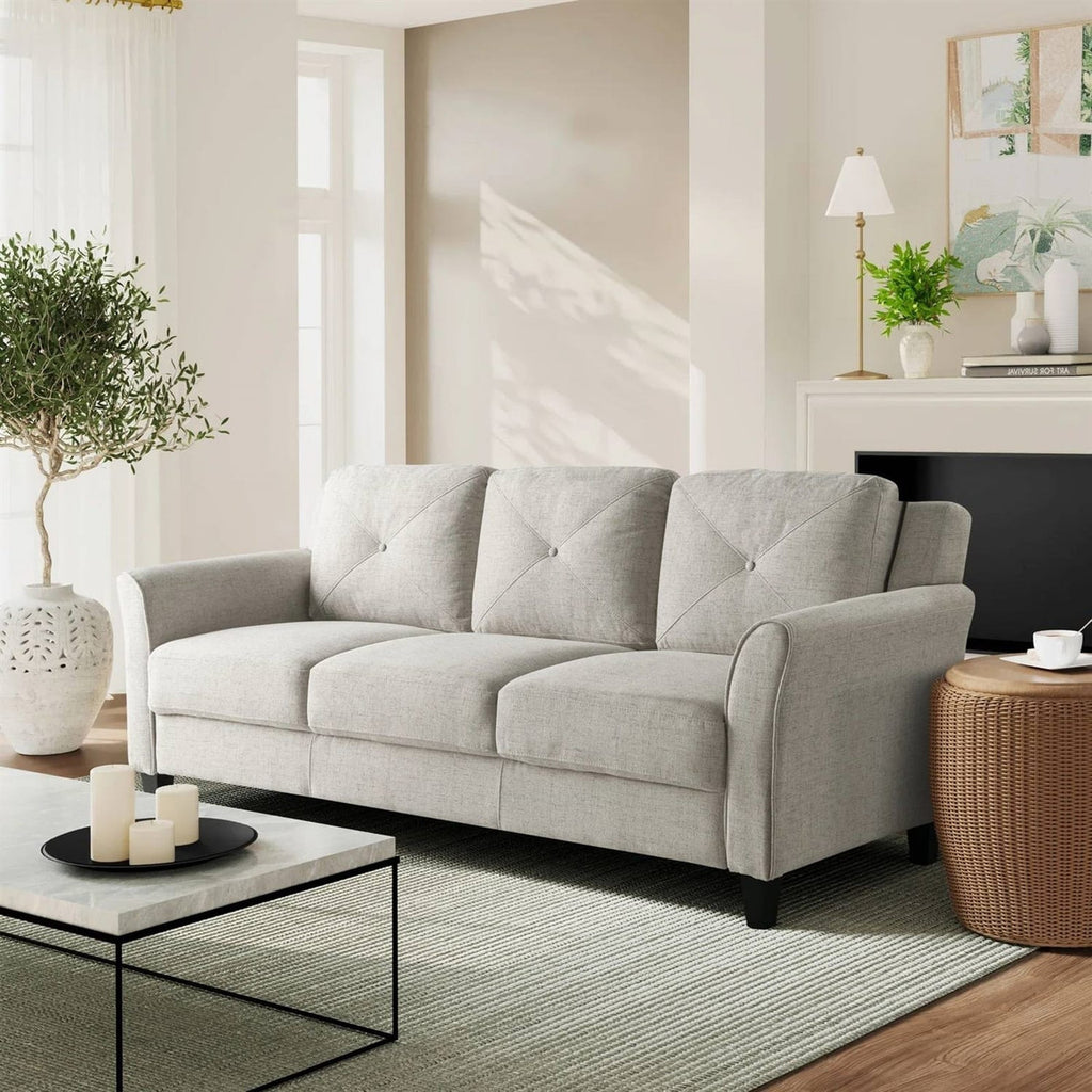 Modern 3-Seater Upholstered Sofa in Cream Microfiber with Button Tufted Cushions-2