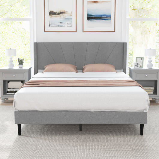 Twin/Queen Bed Frame with Linen Upholstered Wingback Headboard-Twin Size-0