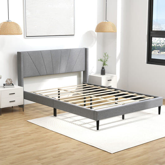 Twin/Queen Bed Frame with Linen Upholstered Wingback Headboard-Twin Size-1