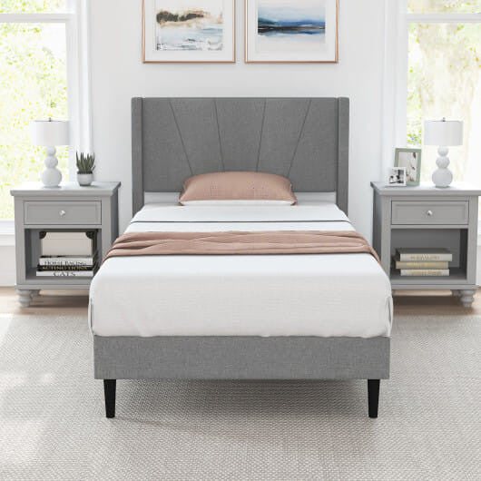 Twin/Queen Bed Frame with Linen Upholstered Wingback Headboard-Twin Size-5
