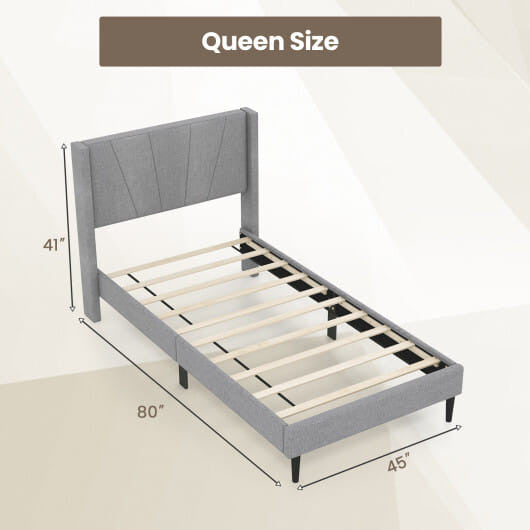 Twin/Queen Bed Frame with Linen Upholstered Wingback Headboard-Twin Size-7