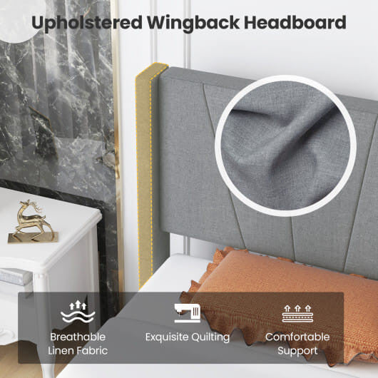 Twin/Queen Bed Frame with Linen Upholstered Wingback Headboard-Twin Size-8