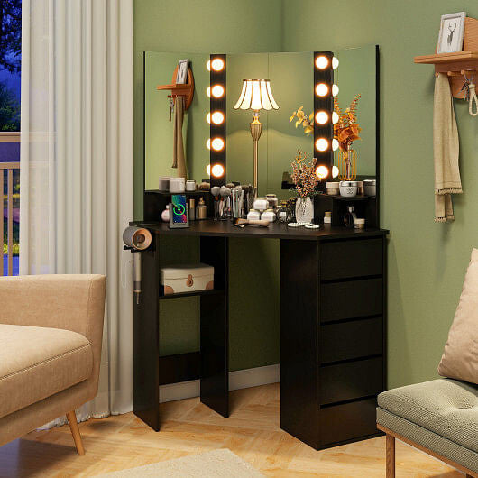 Corner Vanity Desk with LED Lighted Mirror & Power Outlet – White