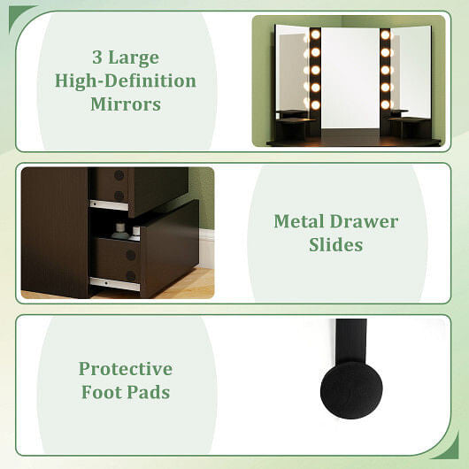 Corner Vanity Desk with LED Lighted Mirror & Power Outlet – White