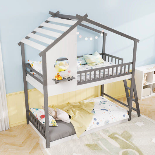 Twin over Twin House Bunk Bed with Roof and Guardrails for Kids-White & Gray-1