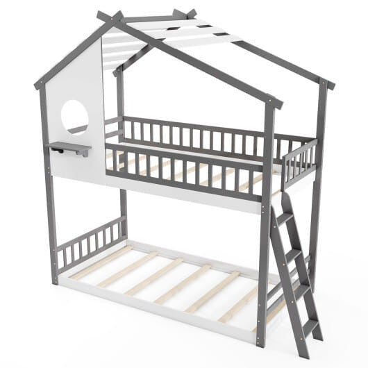 Twin over Twin House Bunk Bed with Roof and Guardrails for Kids-White & Gray-4