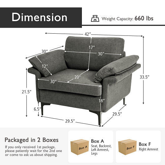 Modern Fabric Accent Armchair with Original Distributed Spring and Armrest Cushions-Gray-7