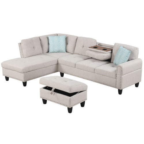 98 Inches Sectional Sofa Couch with Movable Storage Ottoman and Linen Fabric Backs-DG-0