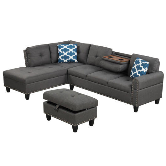 98 Inches Sectional Sofa Couch with Movable Storage Ottoman and Linen Fabric Backs-DG-1