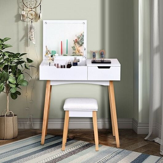 Wooden Vanity Table with Flip Top Mirror and Cushioned Stool-2