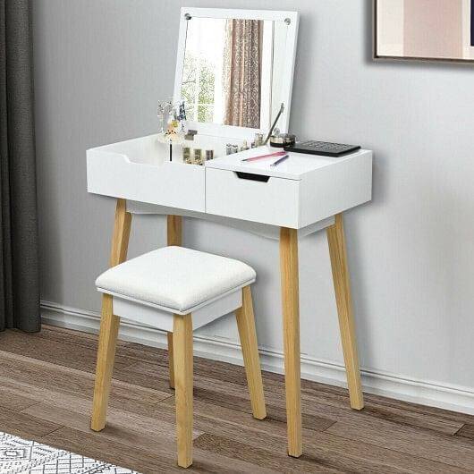 Wooden Vanity Table with Flip Top Mirror and Cushioned Stool-4