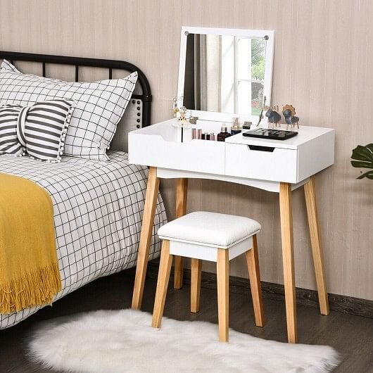 Wooden Vanity Table with Flip Top Mirror and Cushioned Stool-5