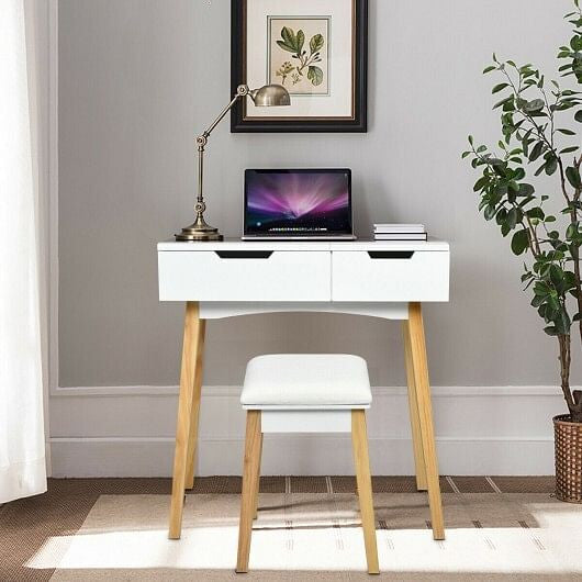 Wooden Vanity Table with Flip Top Mirror and Cushioned Stool-3