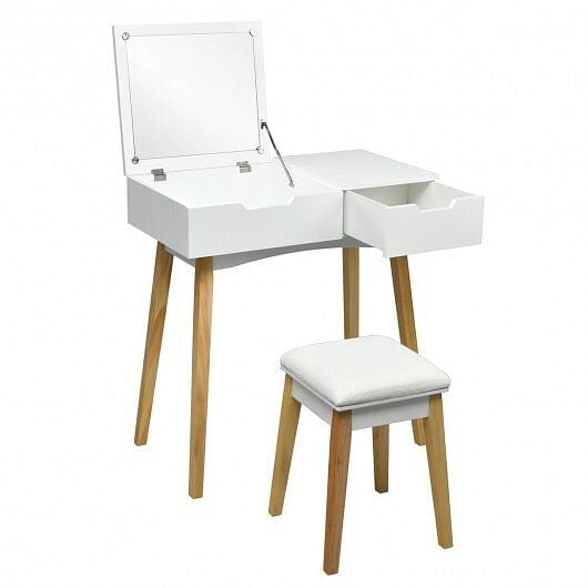 Wooden Vanity Table with Flip Top Mirror and Cushioned Stool-0