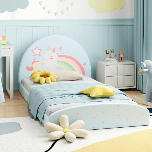 Twin Floor Bed Frame Upholstered Twin Size Kids Floor Bed with 210D Oxford Cloth Floor Mat-Blue-5
