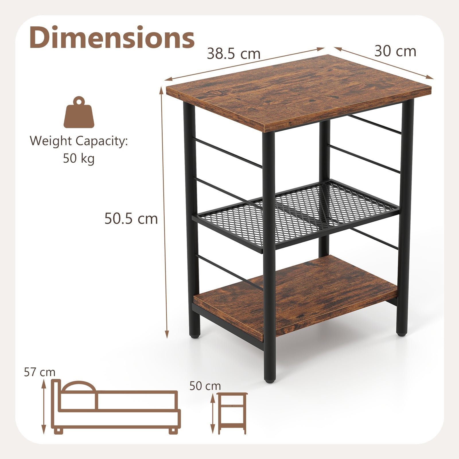 NNECW 3-Tier Industrial Side Table with Adjustable Mesh Shelf for Living Room