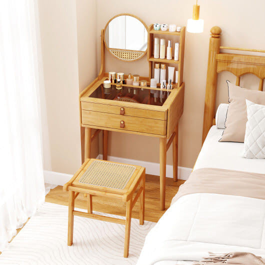 Small Vanity Desk and Stool Set with Mirror and 2 Drawers-1
