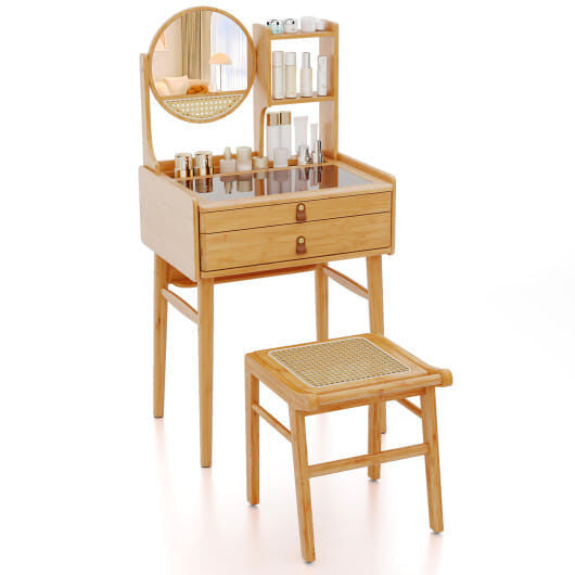 Small Vanity Desk and Stool Set with Mirror and 2 Drawers-4