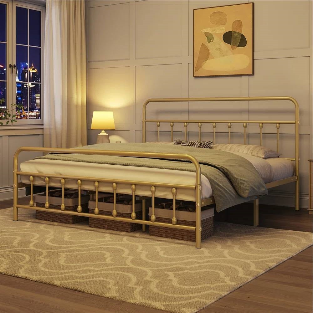 King size Vintage Antique Gold Metal Platform Bed Frame with Headboard Footboard-2