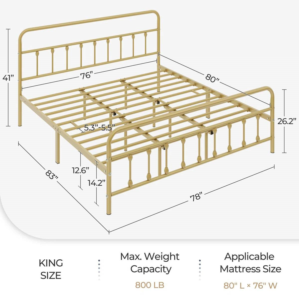 King size Vintage Antique Gold Metal Platform Bed Frame with Headboard Footboard-4