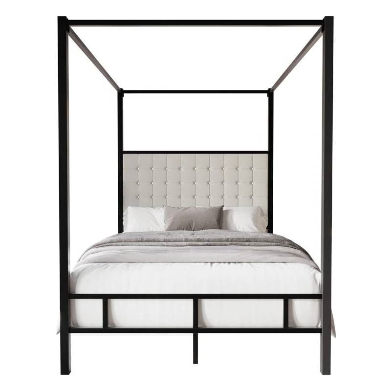 King size Black Metal Canopy Bed with Upholstered Button-Tufted Headboard-1