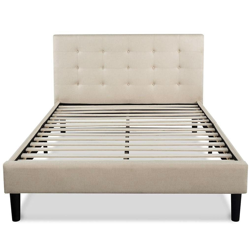 King size Upholstered Platform Bed Frame with Button Tufted Headboard in Taupe-2