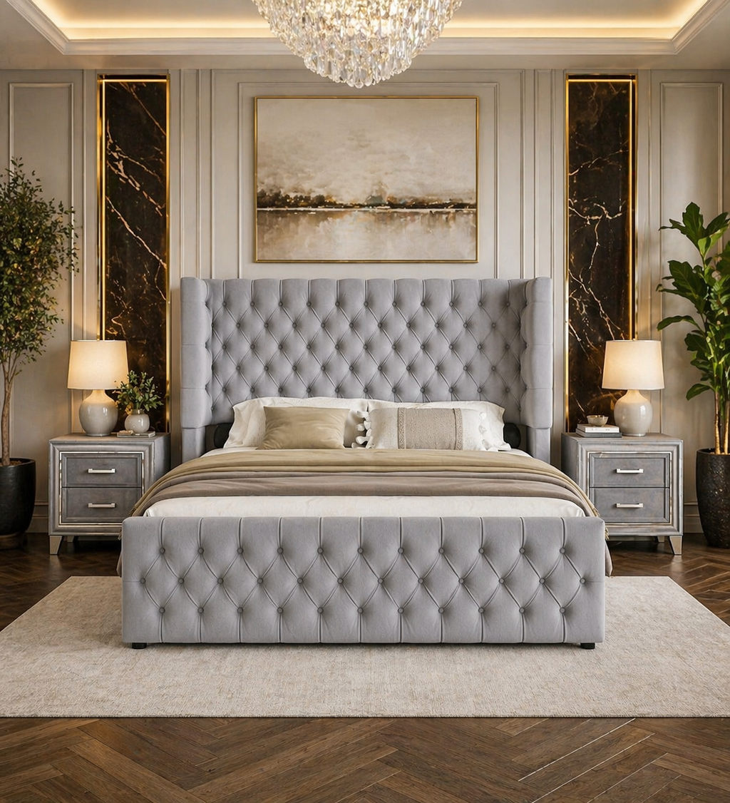 King Platform Bed with Curved Wingback Headboard & 2 Velvet Nightstands Grey Set-0