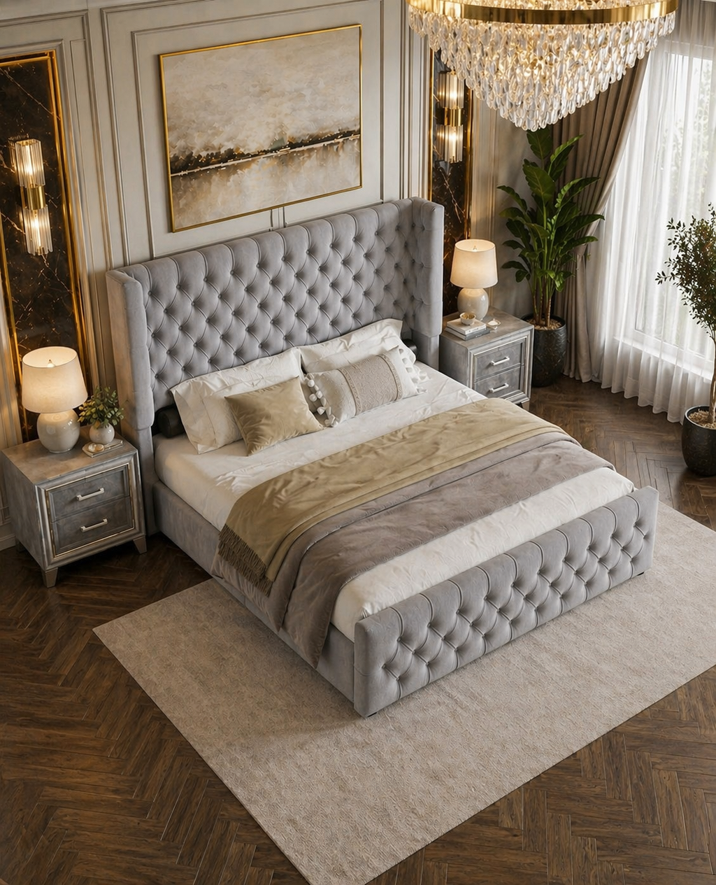 King Platform Bed with Curved Wingback Headboard & 2 Velvet Nightstands Grey Set-1