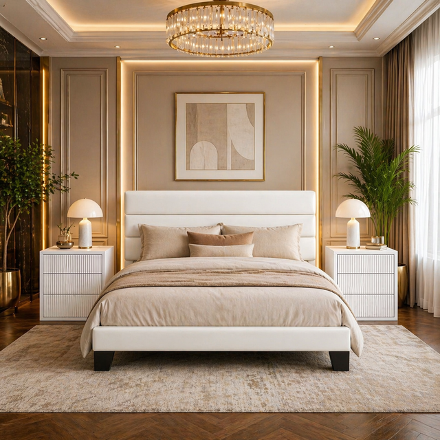 King Bedroom Set with Velvet Upholstered Platform Bed Frame & 2 White Fluted 3-Drawer Nightstands-0