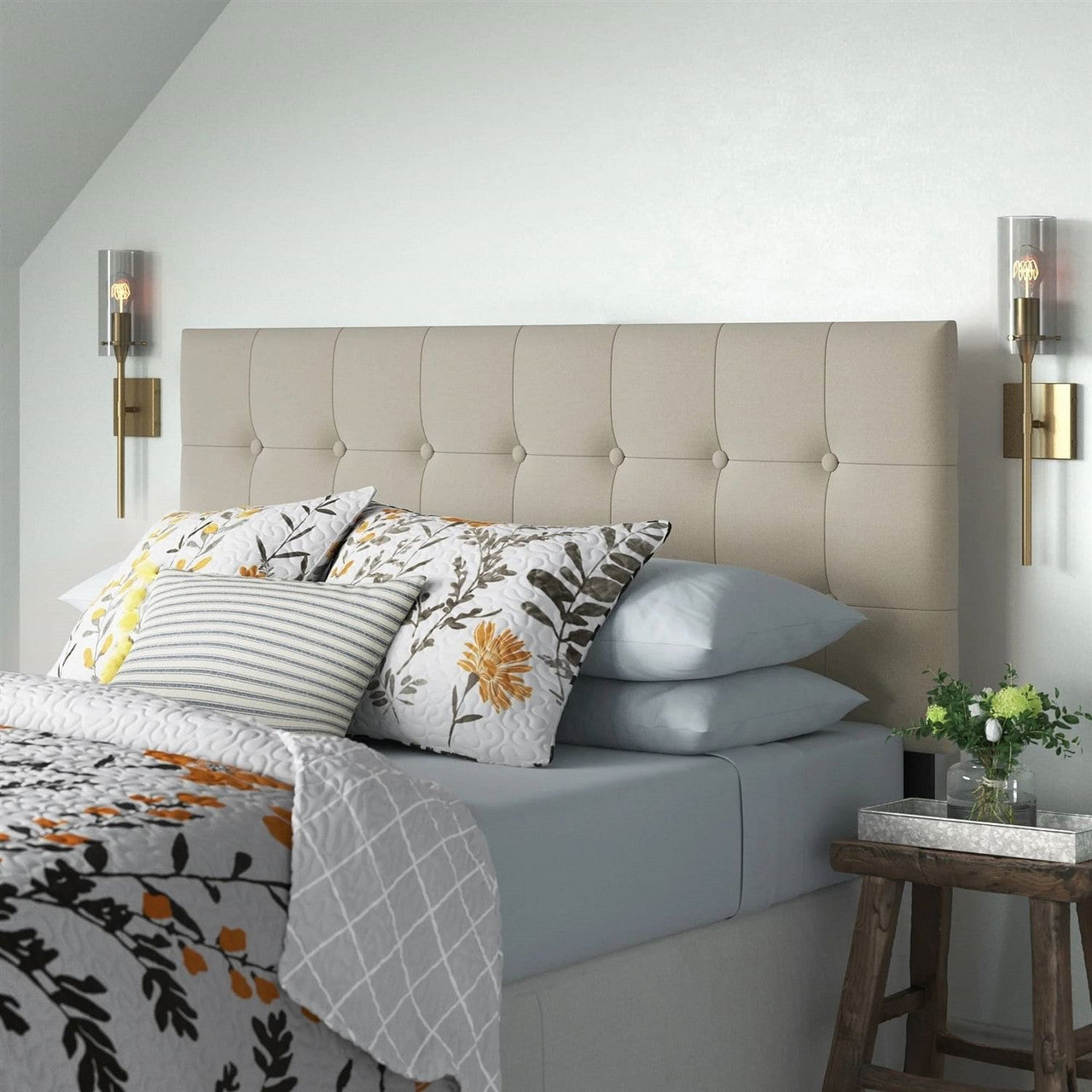 Full size Button-Tufted Headboard in Light Grey Taupe Beige Upholstered Fabric-0