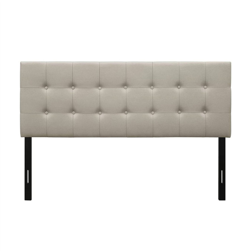 Full size Button-Tufted Headboard in Light Grey Taupe Beige Upholstered Fabric-2