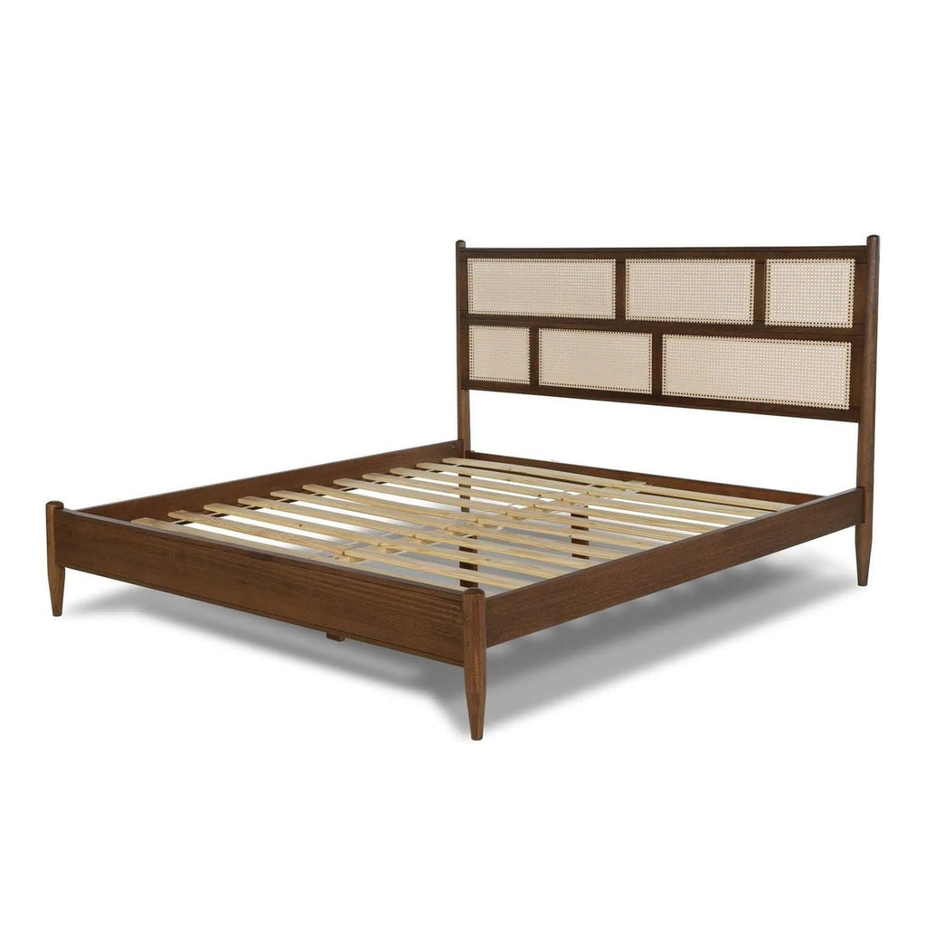 Queen Size Hardwood Platform Bed Frame with Cane Paneling Headboard in Walnut-1
