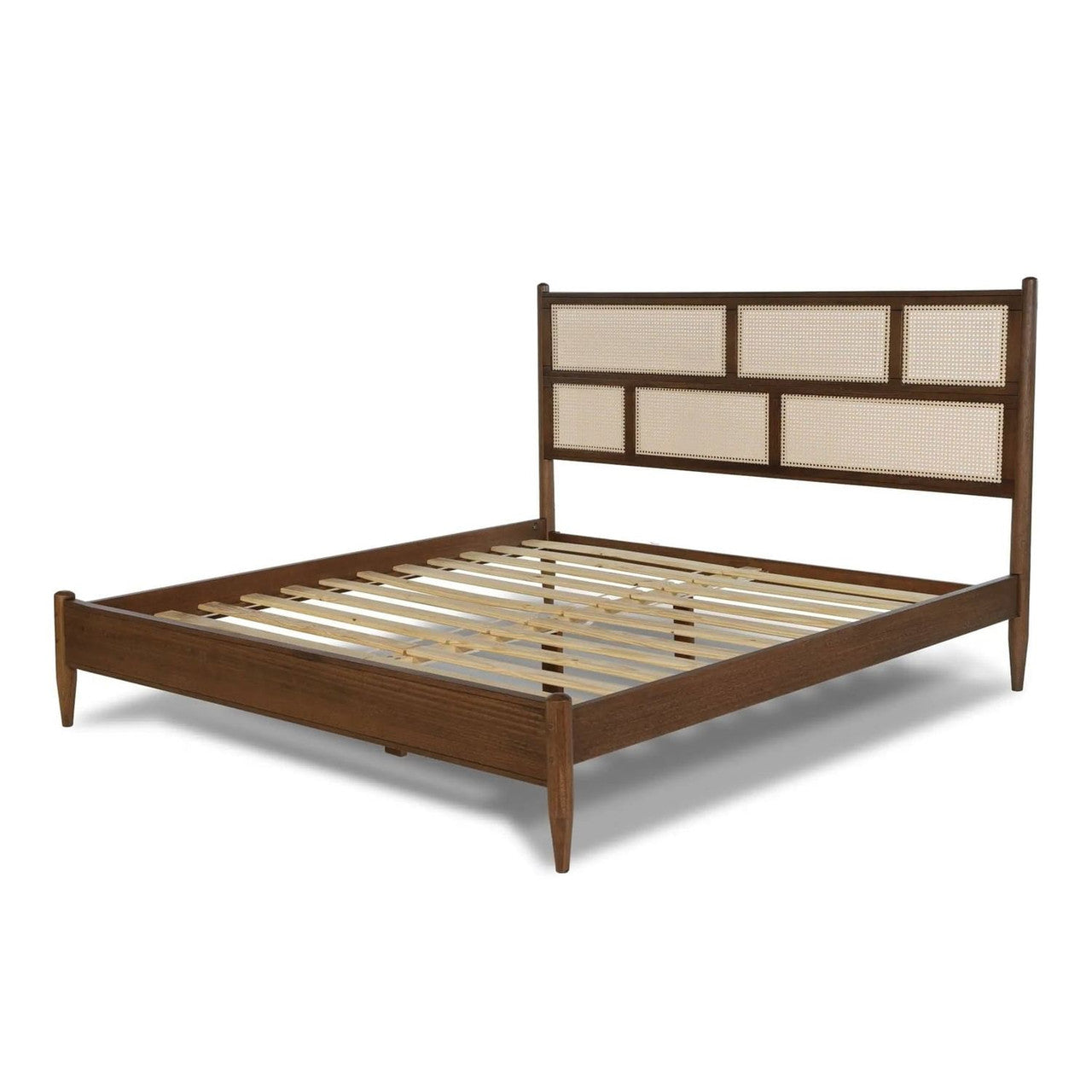 Queen Size Hardwood Platform Bed Frame with Cane Paneling Headboard in Walnut-1