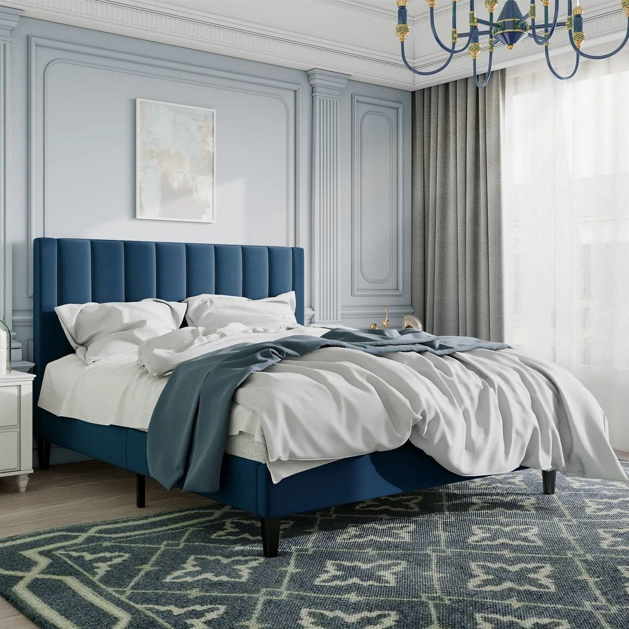 Full size Modern Navy Blue Velvet Upholstered Platform Bed with Headboard-0