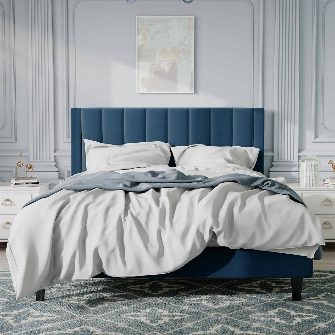 Full size Modern Navy Blue Velvet Upholstered Platform Bed with Headboard-1