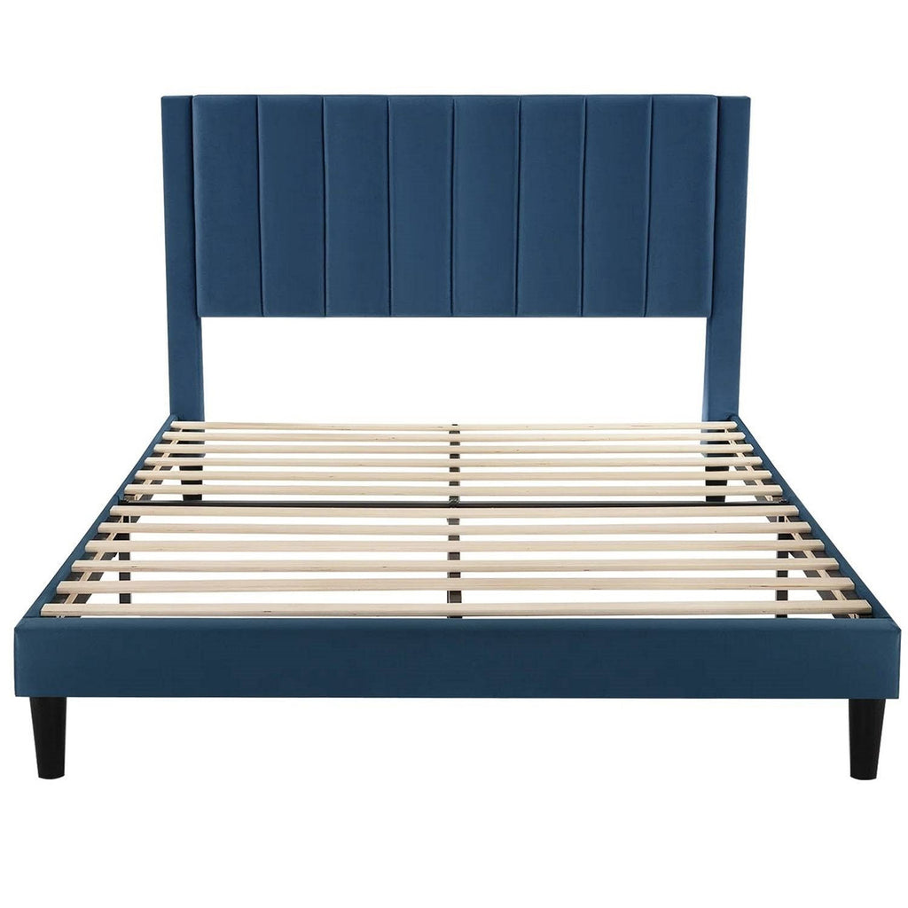 Full size Modern Navy Blue Velvet Upholstered Platform Bed with Headboard-2