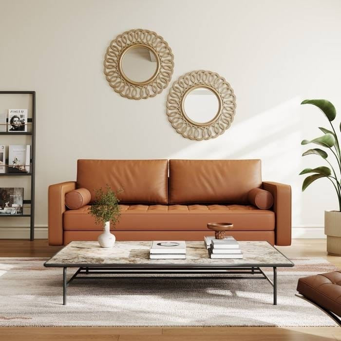 Terracotta Upholstered Faux Leather Sofa w/ Pillows Solid Hardwood Legs-2