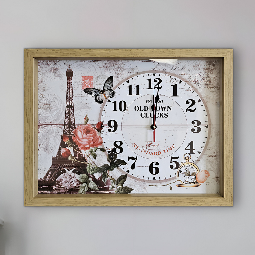 Eiffel Tower wall Clocks Parisian Wood Art in framed Rectangle Wall Clock   ~5346-0