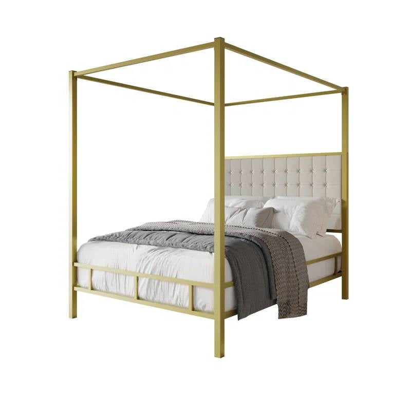 Queen size Gold Metal Canopy Bed with Upholstered Button-Tufted Headboard-0