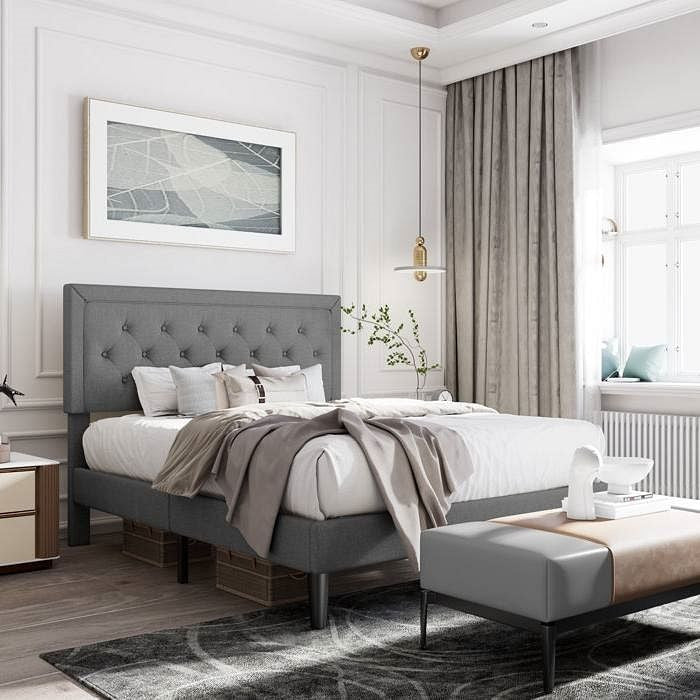 Queen Dark Grey Linen Upholstered Platform Bed with Button-Tufted Headboard-0