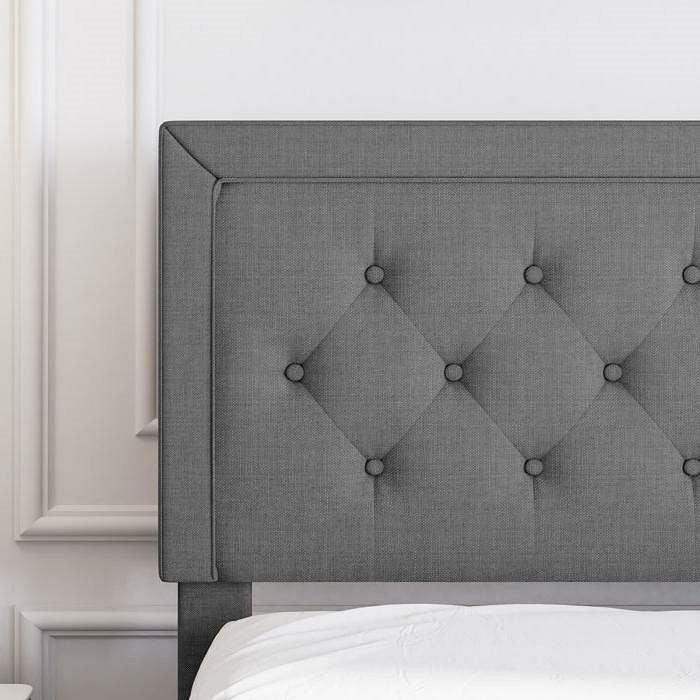 Queen Dark Grey Linen Upholstered Platform Bed with Button-Tufted Headboard-1
