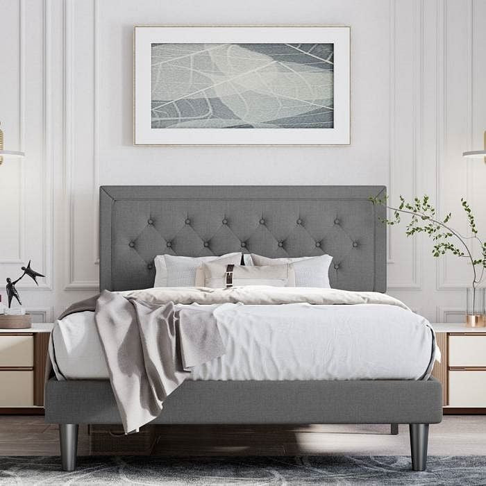 Queen Dark Grey Linen Upholstered Platform Bed with Button-Tufted Headboard-2