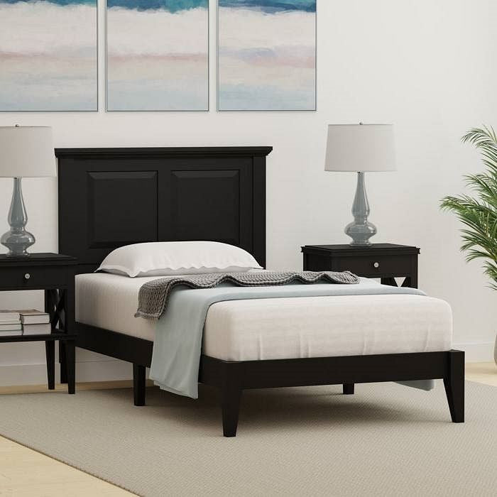 Twin Traditional Solid Oak Wooden Platform Bed Frame with Headboard in Black-1