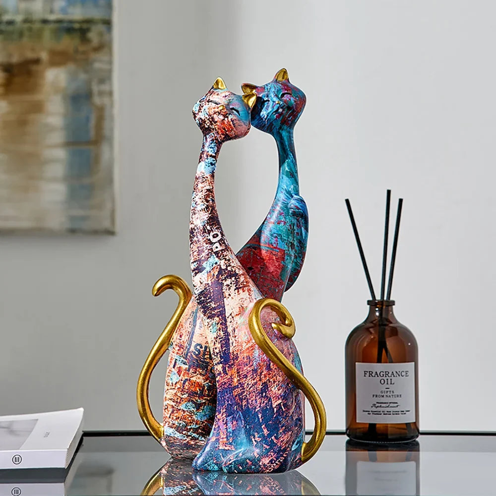 European Style 2pcs Oil Painting Cat Statues Animal Modern Sculpture Room Decoration Accessories Sculptures for Home Design Gift-3