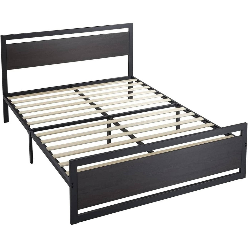 Full Black Metal Platform Bed Frame with Wood Panel Headboard and Footboard-0