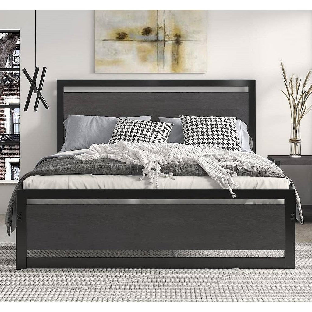 Full Black Metal Platform Bed Frame with Wood Panel Headboard and Footboard-1