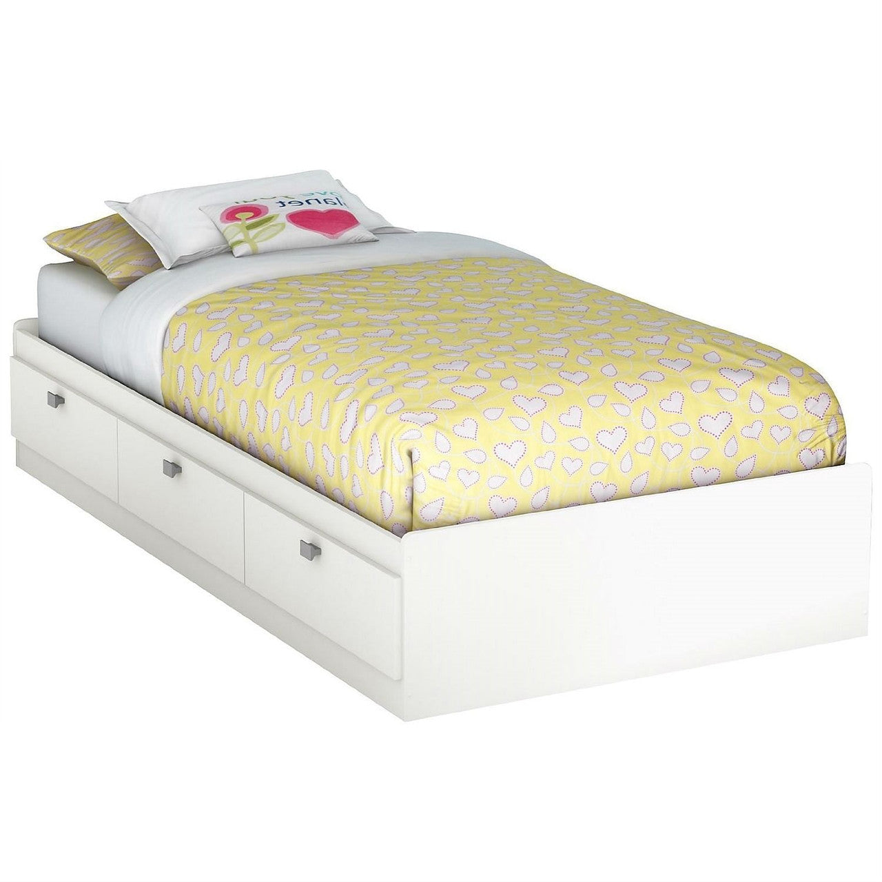 Twin size White Platform Bed for Kids Teens Adults with 3 Storage Drawers-2