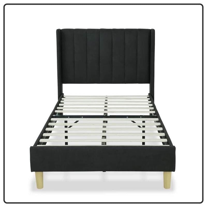 Twin size Mid-Century Black Linen Platform Bed Frame with Upholstered Headboard-1